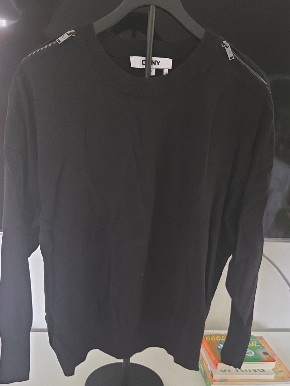 DKNY Black Crewneck Sweater with Shoulder Zips